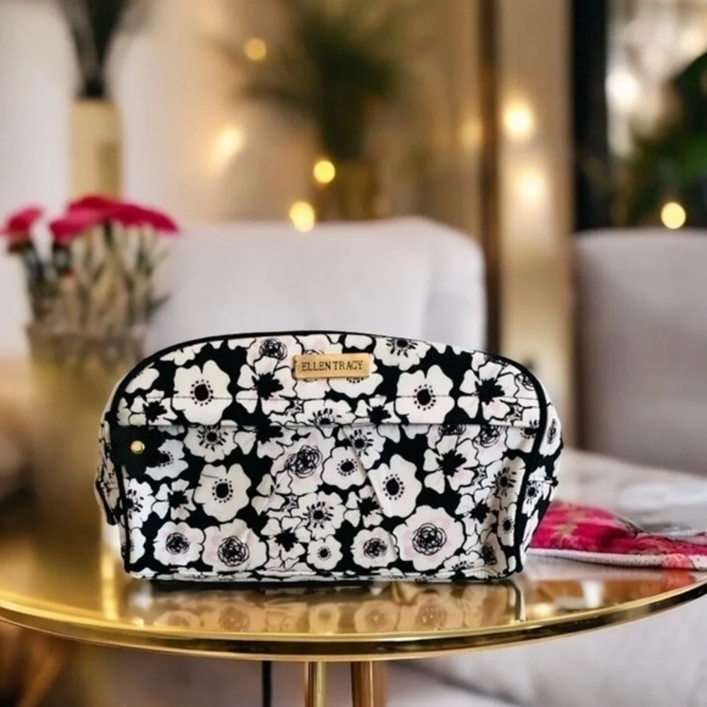 Ellen Tracy Floral Makeup Bag Black White Pink Cosmetic Organizer Travel Case